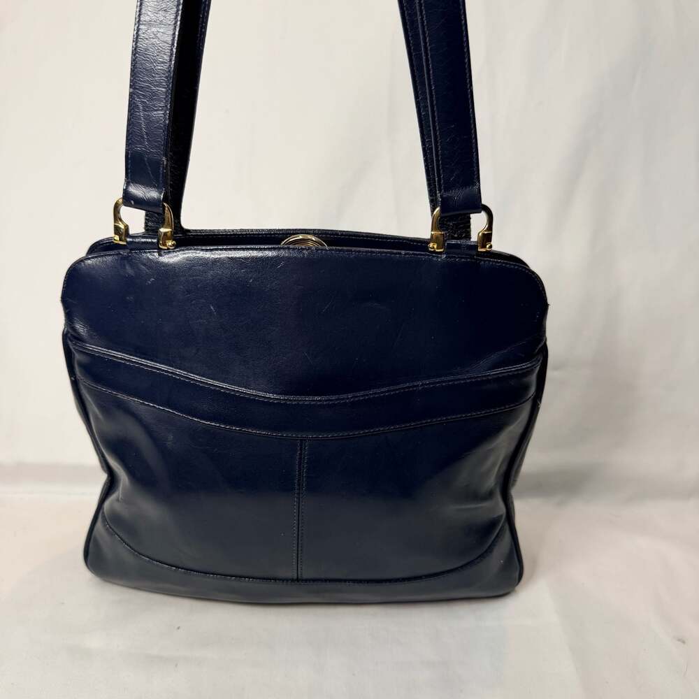 Vintage Lou Taylor Navy Blue Leather Purse with Built-in Mirror Italy